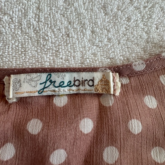 Free Bird Sheer Polka Dot Blouse Buttons Taupe White Office Preppy Top Large Tan - Picture 5 of 9